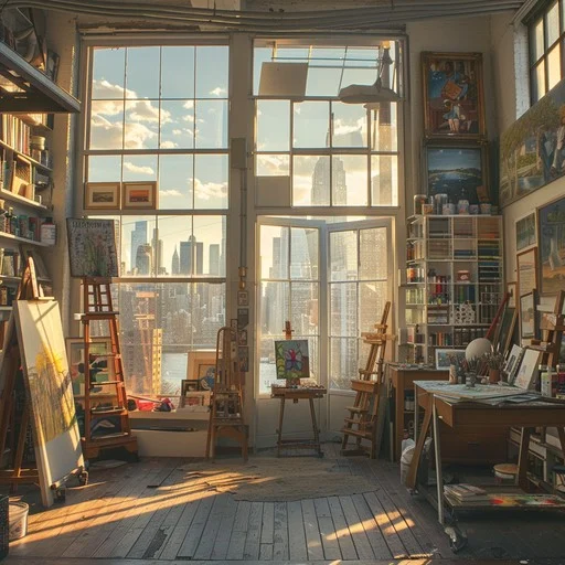Warm illustration of a sunlit studio window
